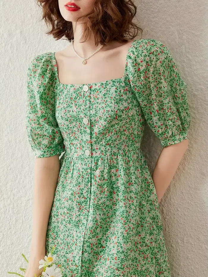 Robe en coton et polyester mi-longue avec motifs floraux style rétro chic pour femmes occasions spéciales