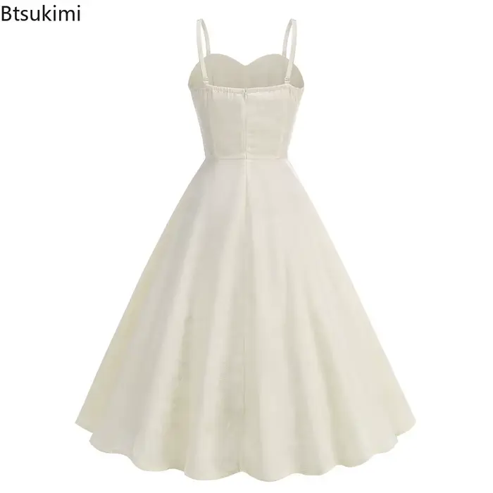 Robe vintage en jacquard blanche style chinois pour soirée de bal, anniversaire, fête, taille haute, froncée, col en V, coupe évasée pour femme occasions spéciales