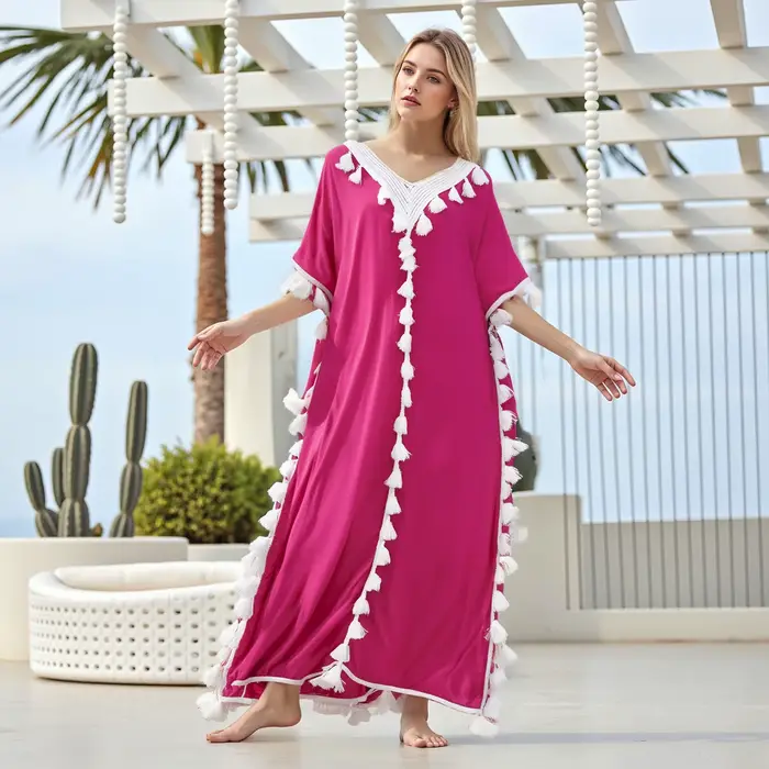 Boho été gland plage Robe longue femmes manches chauve-souris col en v coupe ample
