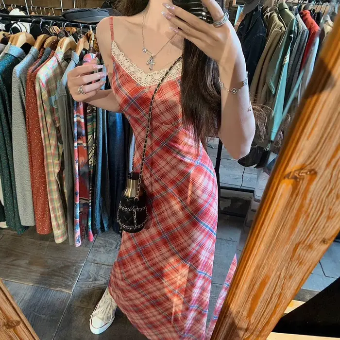 Robe longue élégante à carreaux avec dentelle, sensation haut de gamme, pour femme, été, plage, vacances, taille cintrée, coupe ajustée