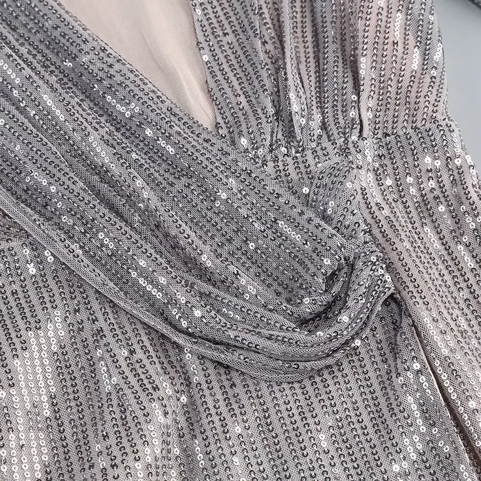 Robes longues à paillettes argentées pour femmes avec col en V profond et épaules structurées – Robe de soirée sexy Vestidos Largos