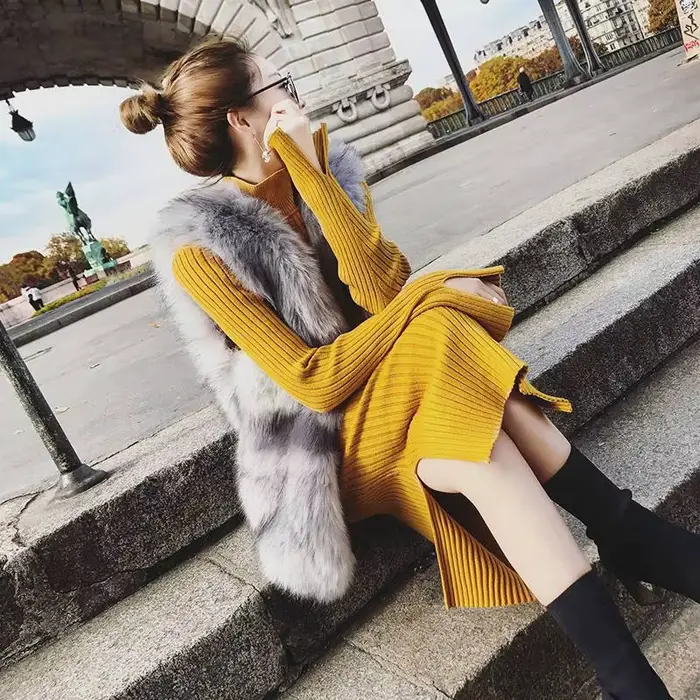 Robe Jaune à Col Roulé pour Femme