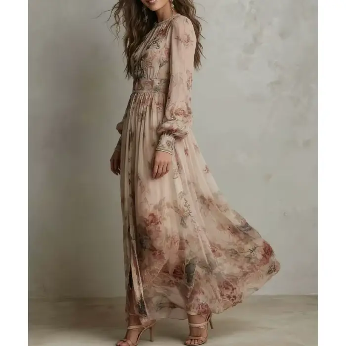 Robe longue plissée bohème vintage imprimée