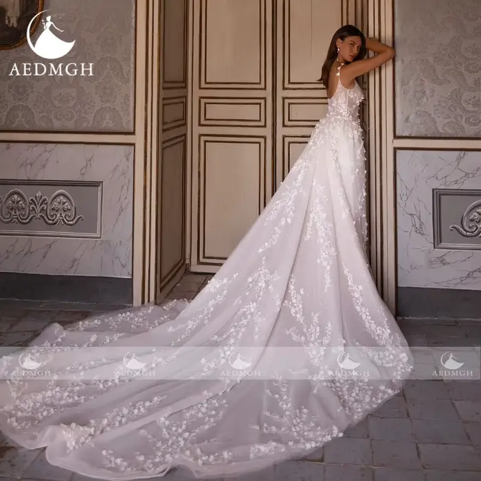Robe de mariée sirène avec bretelles spaghetti festonnées, fleurs 3D, soutien-gorge intégré, train amovible, sur-mesure pour femmes, occasions spéciales