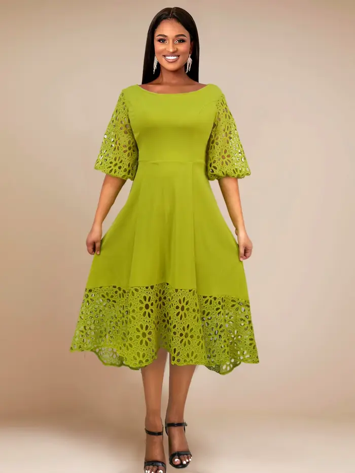 Robe verte élégante pour femmes, col rond, Patchwork de dentelle, ajouré, manches courtes bouffantes