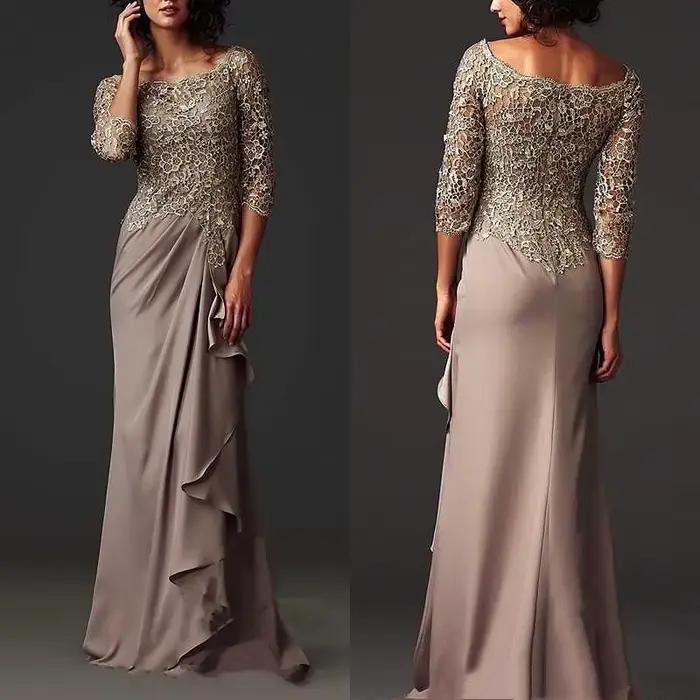 Robe de mère de la mariée en mousseline de soie avec dentelle et broderies florales pour femmes, élégante pour cérémonies de mariage et événements formels