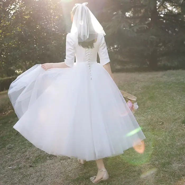 Robe de Mariée Légère et Petite à Manches Mi-sulf