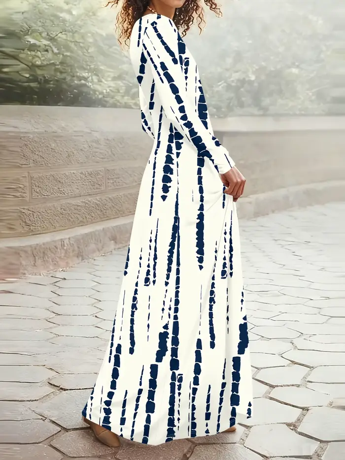 Robe décontractée à manches longues rayée tie-dye bleu et blanc pour femme