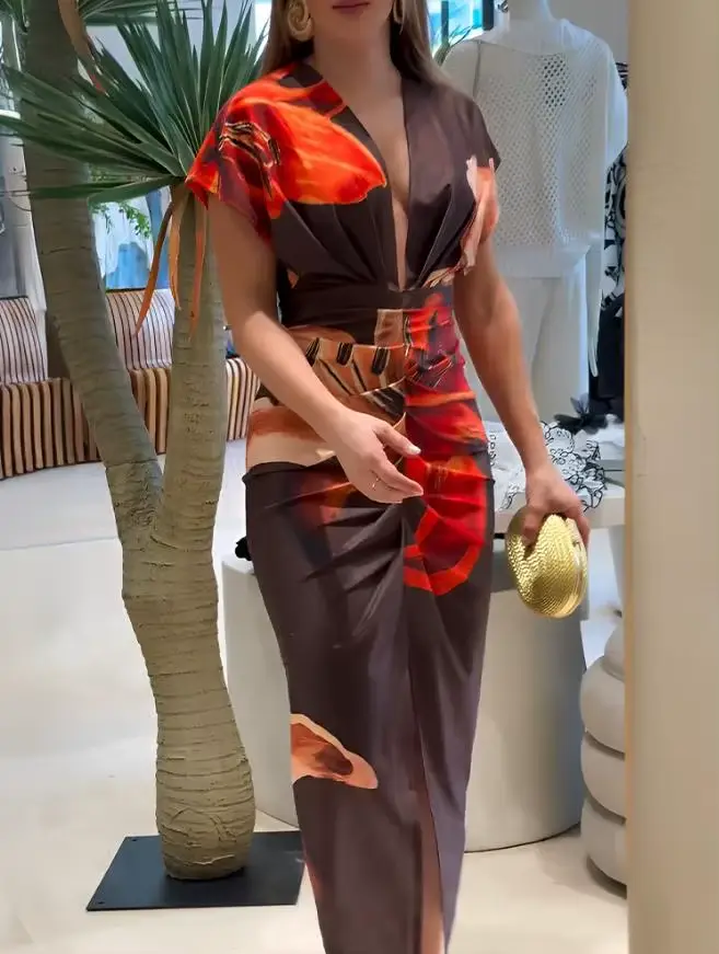 Robes pour femmes 2025 printemps été mode Placement florale imprimé col en v profond fente avant robe froncée coupe ajustée robe de vacances
