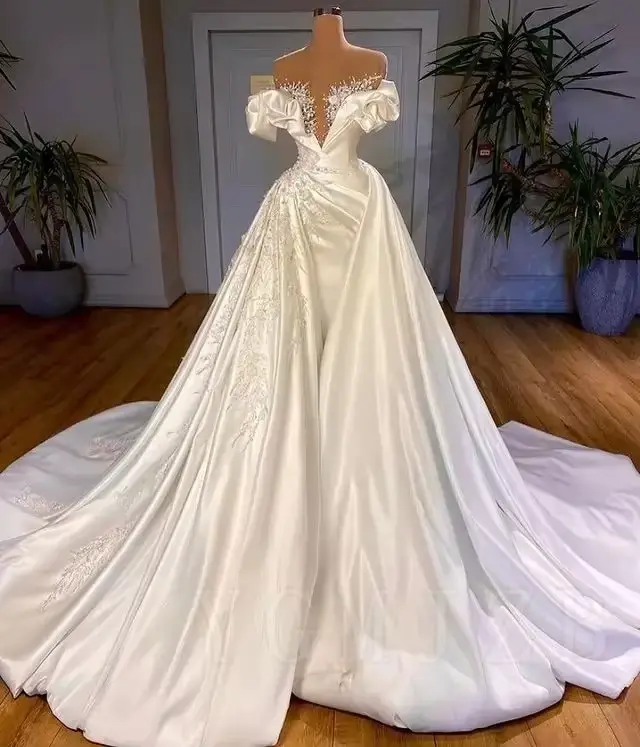 Robes de mariée princesse en perles de satin, robes gonflées pour mariée, perles de luxe, Off initié