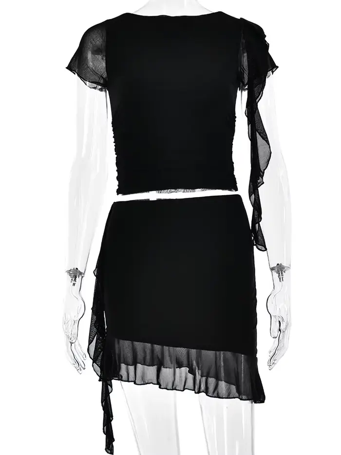 Articat-Ensemble deux pièces sexy pour femme, maille double couche, à volants, transparent, serré, m