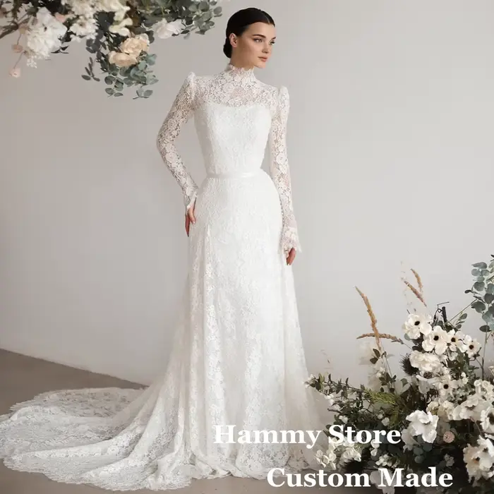 Robe de mariée sirène élégante en dentelle pour femme, col haut, train de balayage, dos, fermeture é