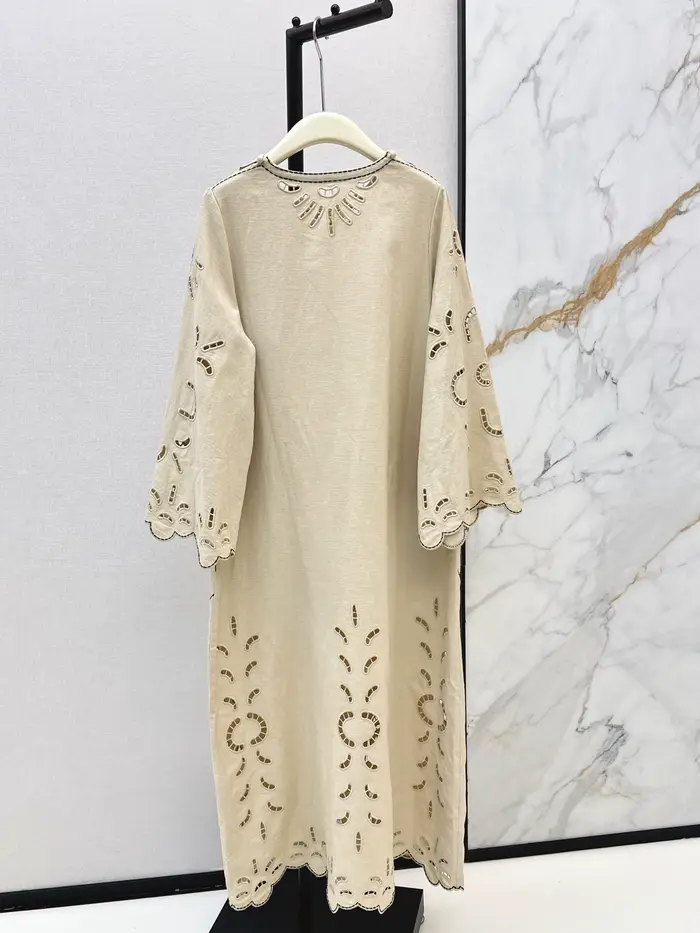 Robe midi brodée à découpes à la française en coton et lin pour femmes junior, tenue de bureau élégante, occasions spéciales