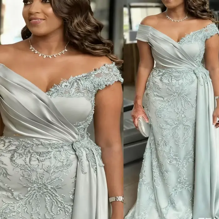 Robe de soirée sirène argentée en dentelle perlée pour mère de la mariée, en satin, coupe cœur, pour