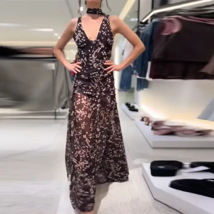 Robe longue maxi tendance pour femme à pois en maille
