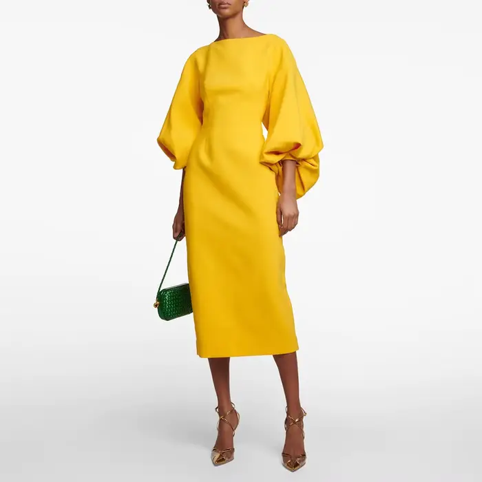 Robe de cocktail personnalisée jaune mangue col bateau manches bouffantes coupe colonne longueur thé pour femmes occasions spéciales