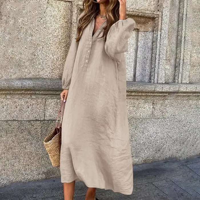 Mn-Robe à boutons en coton et lin pour femme