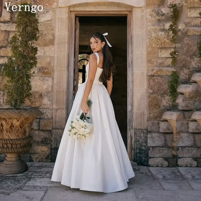 Verngo-Robe de Mariée en Satin avec Bretelles Spaghetti, Une Ligne, Fente Latérale, Forme Simple, Fo