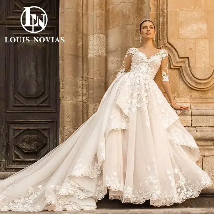 Modiis-Robes de mariée A-Line pour femmes, robe de patients chérie, froncée, dentelle brodée, demi-m