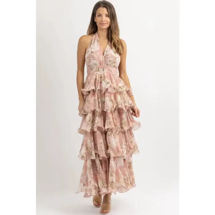 Robe longue bohème florale à volants dos nu style corset pour cocktail élégante invitée mariage plage soirée estivale