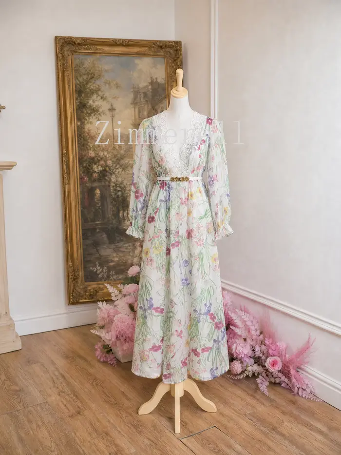 Robe de soirée longue élégante de style français vintage pour femmes, robe à manches évasées, col en V, dentelle imprimée, robe chic pour les vacances, les fêtes