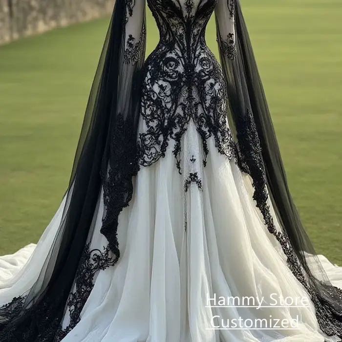 Robe de mariée gothique en dentelle noire avec appliques personnalisables col haut manches chauve-souris train de balayage pour cérémonies sombres et soirées de gala