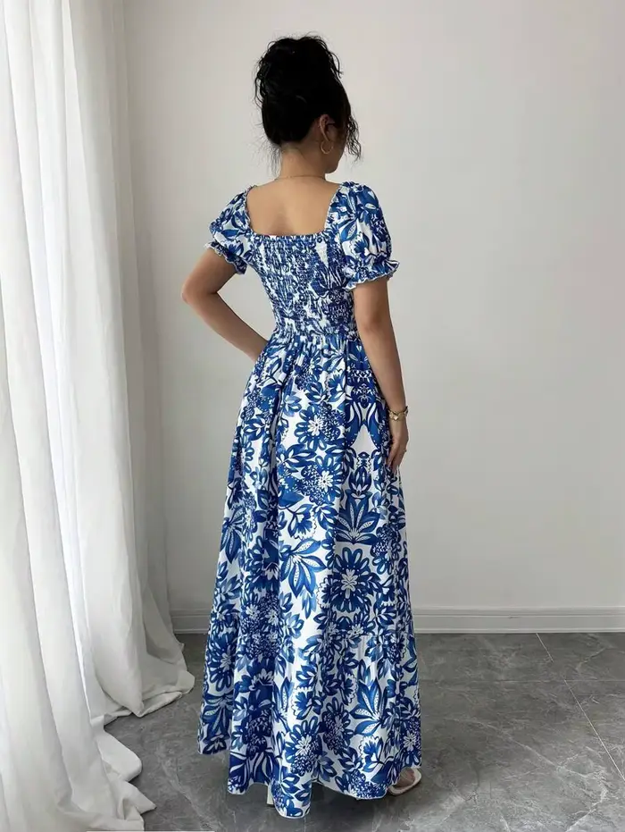 Robe élégante à manches bulles pour femmes, imprimé Floral, robe longue bleue, cravate sur le devant