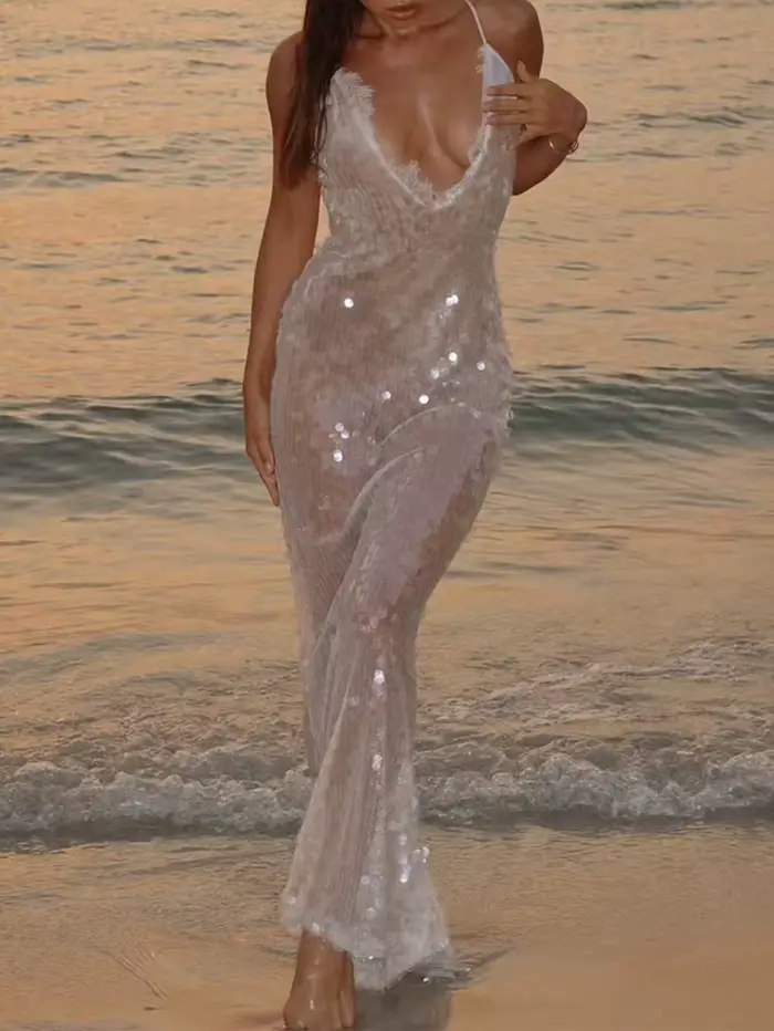 Robe d'été blanche sexy à sequins, dos nu, longue, pour femme, robe de plage, robe de soirée élégant