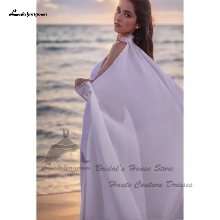 Robe de mariée en mousseline de soie blanche ou ivoire, style simple, décolleté en V, train de balayage, sangles de spaghetti, sans dossier, pour cérémonie de mariage ou plage