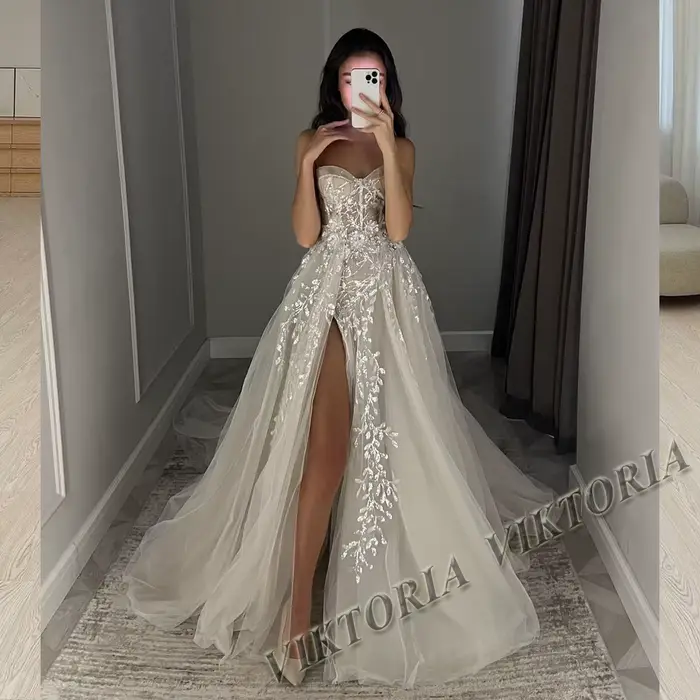 VIKTORIA élégant chérie robes De mariée pour Mariages haute fente Tulle Appliques une ligne sans manches Court Train