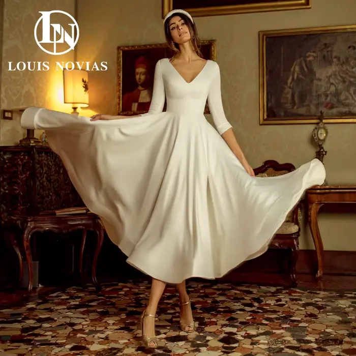 Modiis-Robe de mariée mi-longue en satin avec manches 3/4, robes de mariée élégantes, col en V, simp