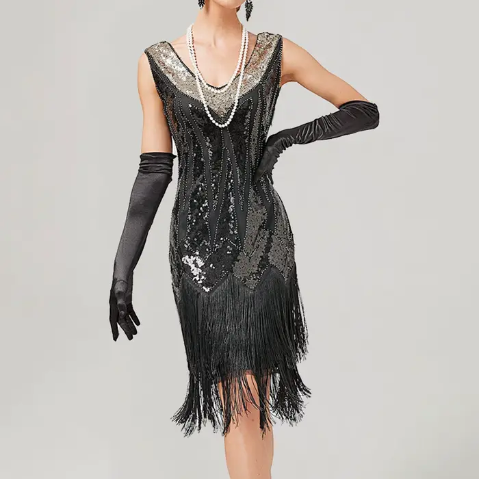Robe évasée vintage à paillettes et franges pour femmes, robes à glands, robe de cocktail, robe de s