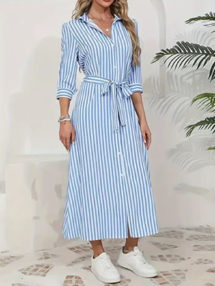 Robe chemise midi rayée verticale bleue et blanche pour femme