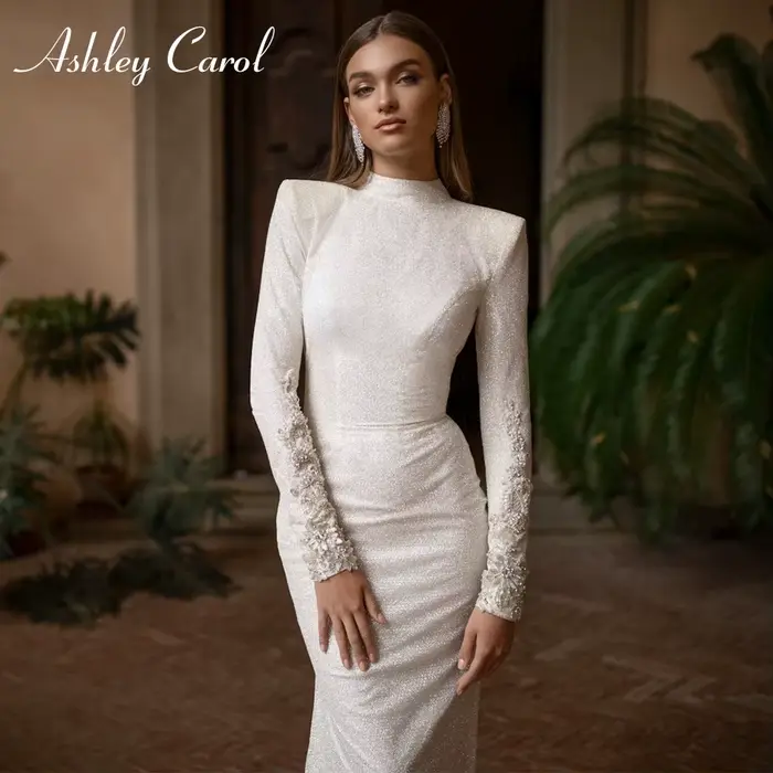 Ashley Carol-Robe de mariée sirène sexy et élégante, col haut, perles de cristal brillantes, manches