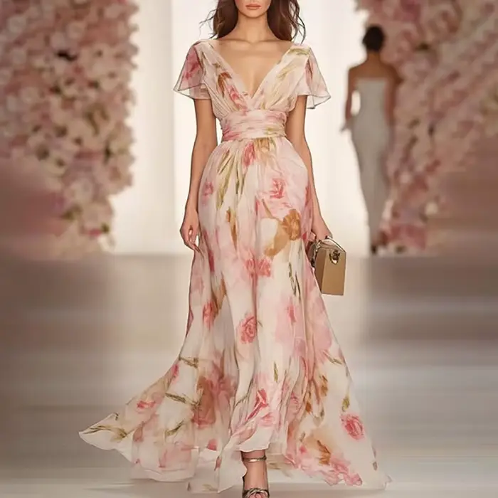 Robes maxi élégantes à imprimé floral de style bohème pour femmes, robe de soirée sexy à col en V et