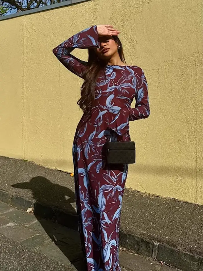 Robe de soirée bohème imprimée pour femmes, Slim, col rond, manches longues, taille cintrée, robes d