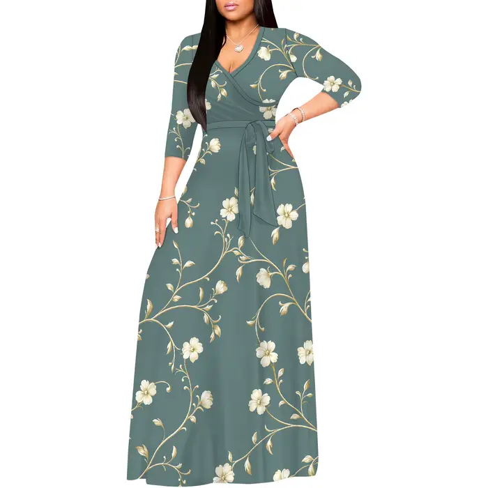 Robe longue portefeuille pour femmes, col en V, manches 3/4, taille haute, mi-longue, robes d'invité