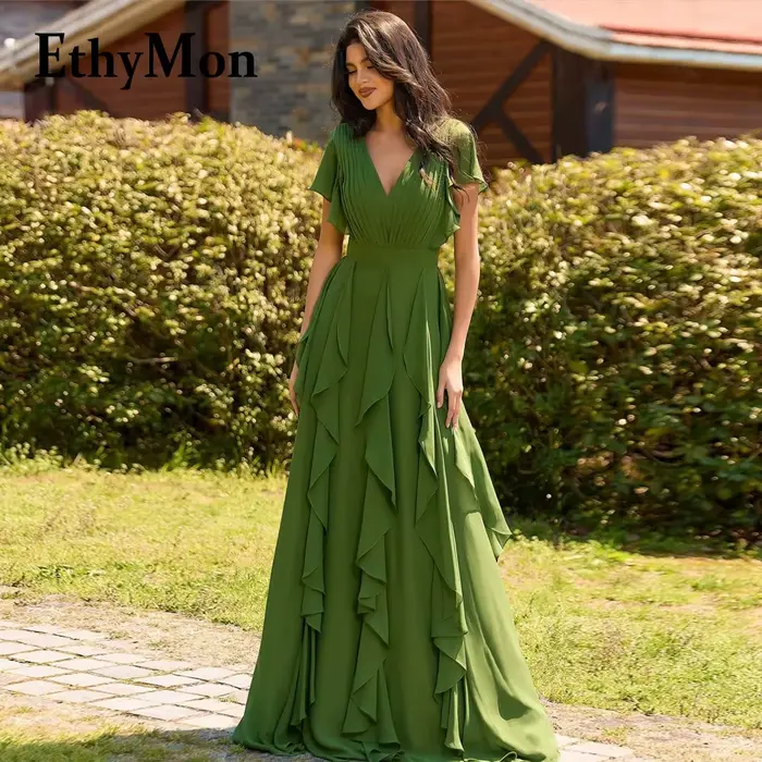 Ethymon robes élégantes en mousseline De soie pour mère De mariée volants manches courtes plissé Vestido Para Madre De La Novia personnalisé