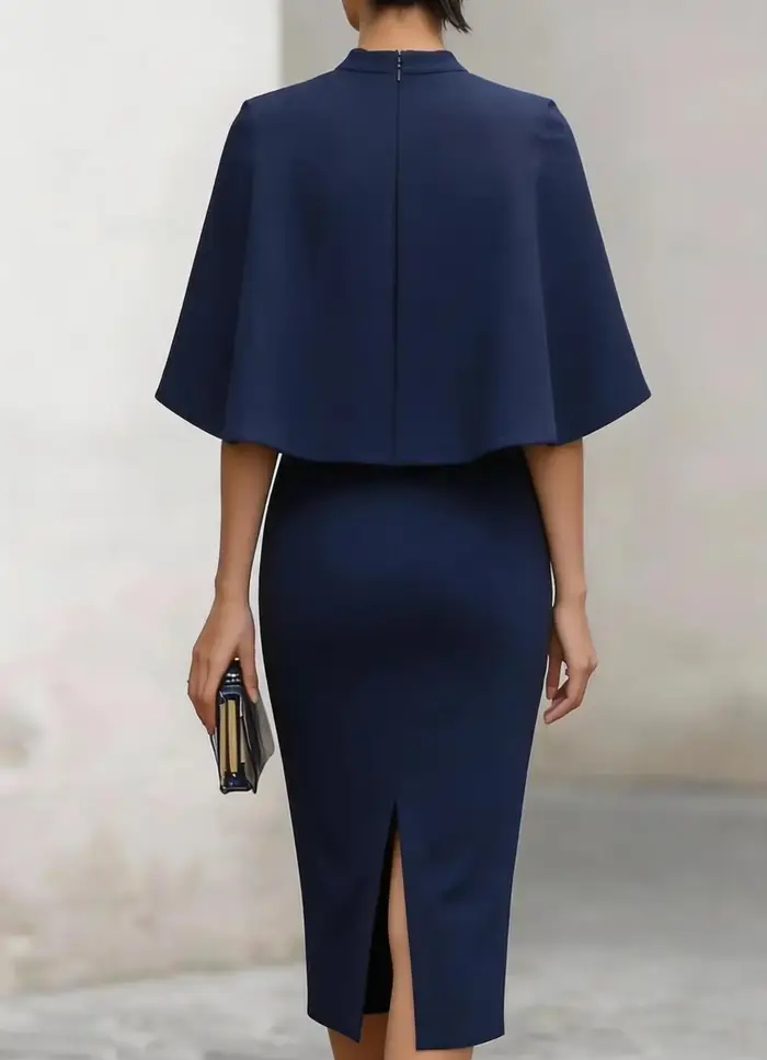 Robe midi élégante à col haut et manches cape