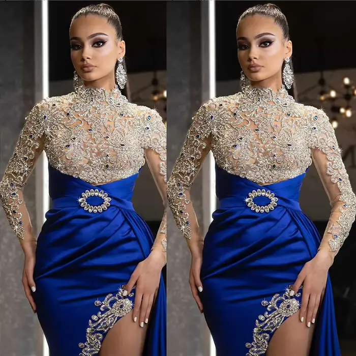 Robe longue épissée en dentelle bleue