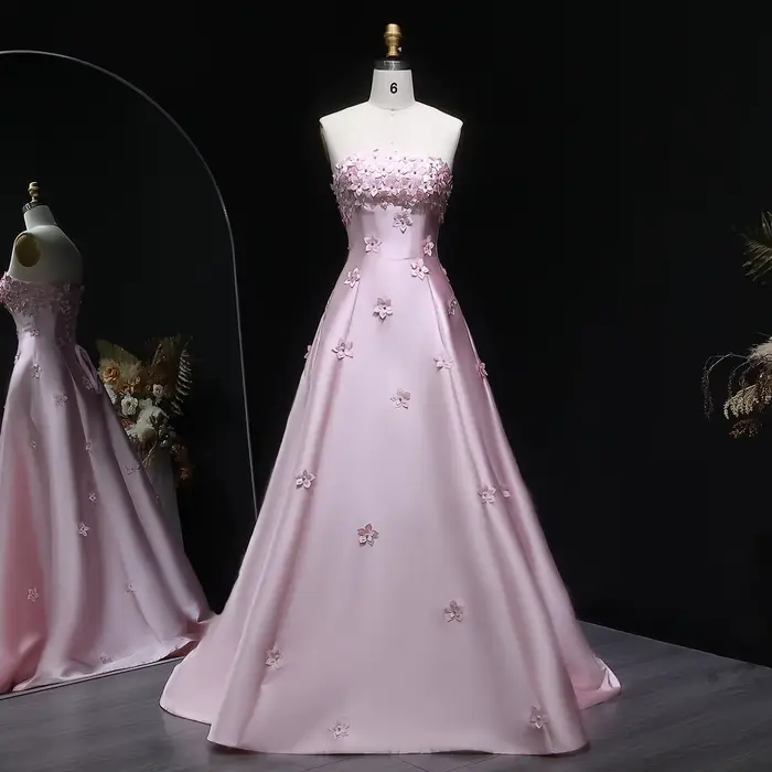 Sharon Said – robe de soirée élégante en Satin rose, avec fleurs 3D, perlée, longue, sans bretelles,