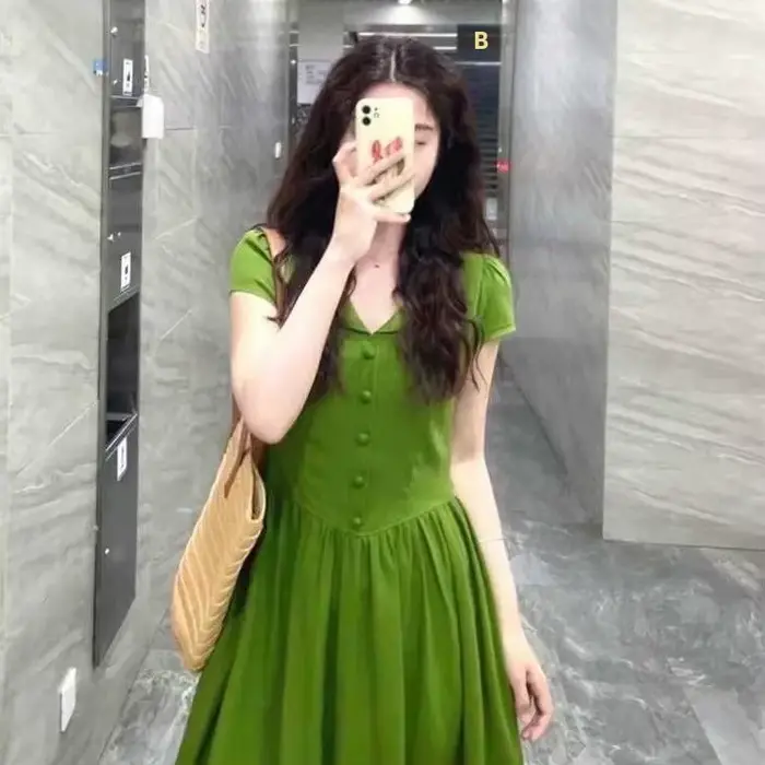 Robe verte style princesse longueur genoux été pour femme occassions spéciales élégante coton polyester