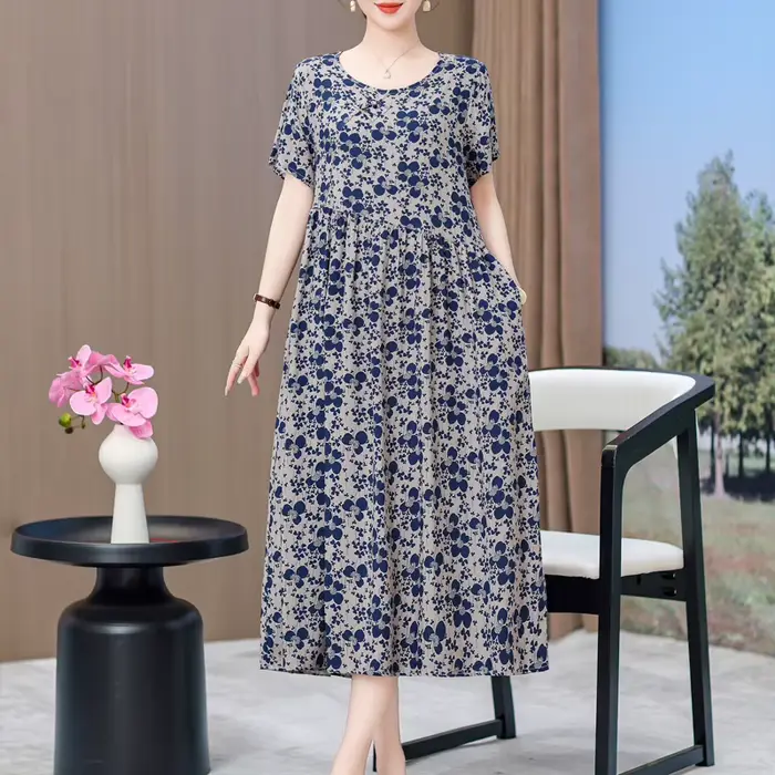 Robe vintage décontractée à manches courtes col rond impression florale ample pour femmes occasions spéciales été 2025