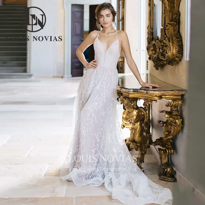 Modiis-Robe de mariée A-Line en tulle perlé, licou sexy, col en V, dos nu, lacets, fibre, Rotterdam,