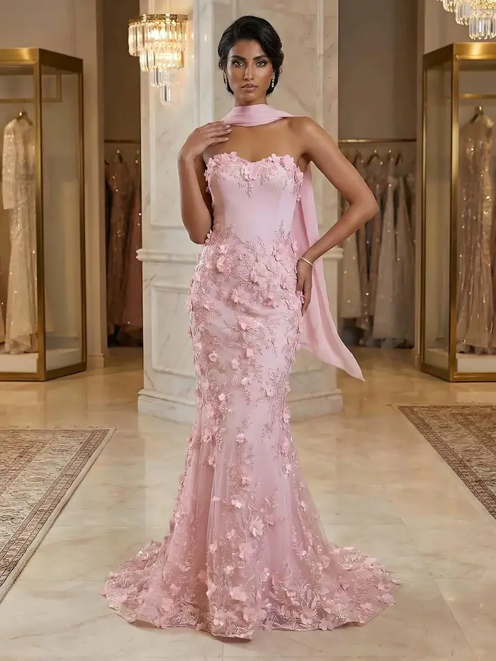 Robe de soirée exquise en polyester avec motifs 3D et perles pour femmes occasions spéciales mariage晚会礼服精致涤纶带3D图案和珍珠女士特殊场合婚礼