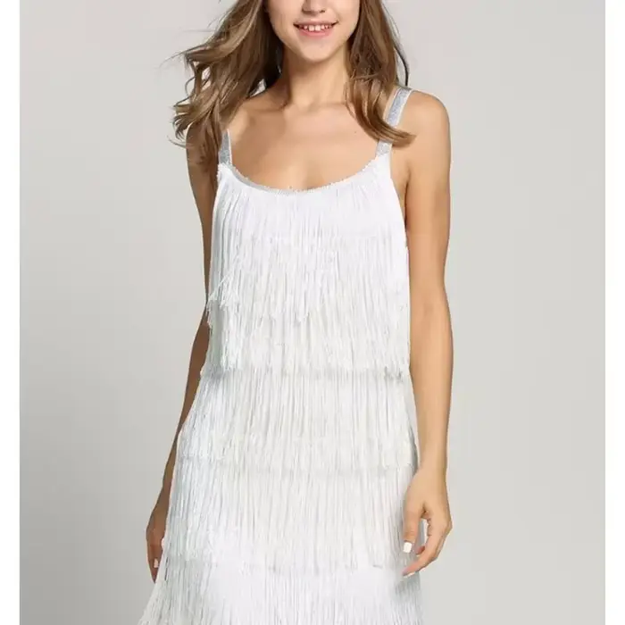 Robe d'été sexy à franges pour femmes, décontractée, plage, soirée, sans manches, col rond, polyester, noir, blanc, argent, occassions spéciales