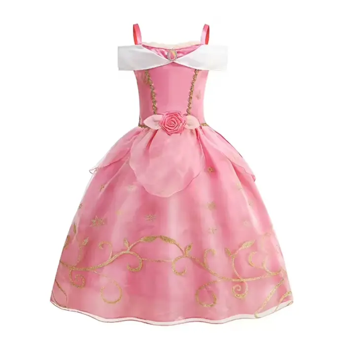 Robe de princesse en tulle brodé rose sur le thème d'Aurora pour filles