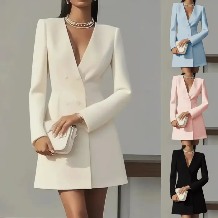 Robe Blazer Élégante à Col en V et Double Boutonnage à Manches Longues pour Femme – Idéale pour le Bureau