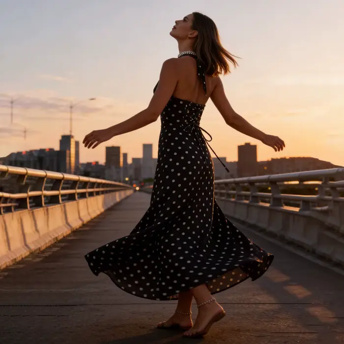 Robe longue col halter sans manches dos ouvert imprimé à pois fluides d'été pour femmes occasions spéciales