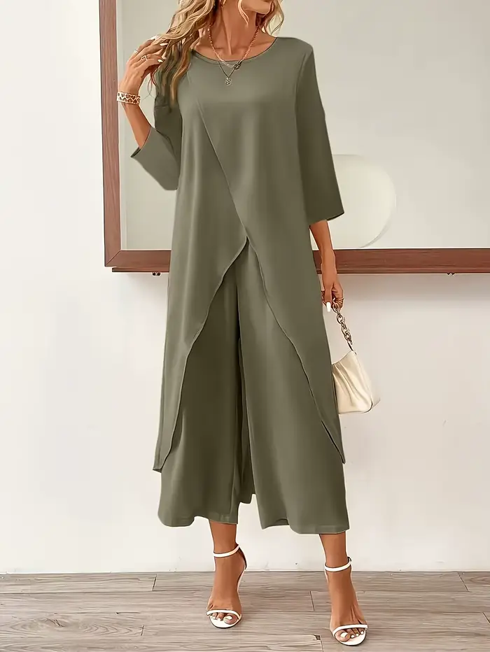 Ensemble deux pièces pour femmes grande taille, couleur unie, haut décontracté à col rond et manches